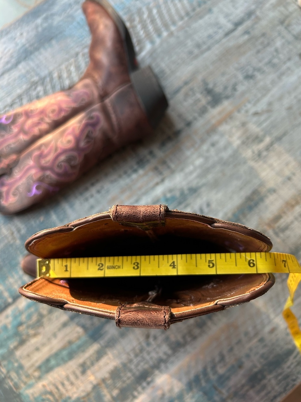 Justin Women’s Leather Cowboy Boots Size 7B Like New Purple Stitching 13.5” tall - Picture 15 of 16
